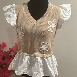 Beige Knit Floral Appliqué Peplum Tank Top with White Ruffle - Women